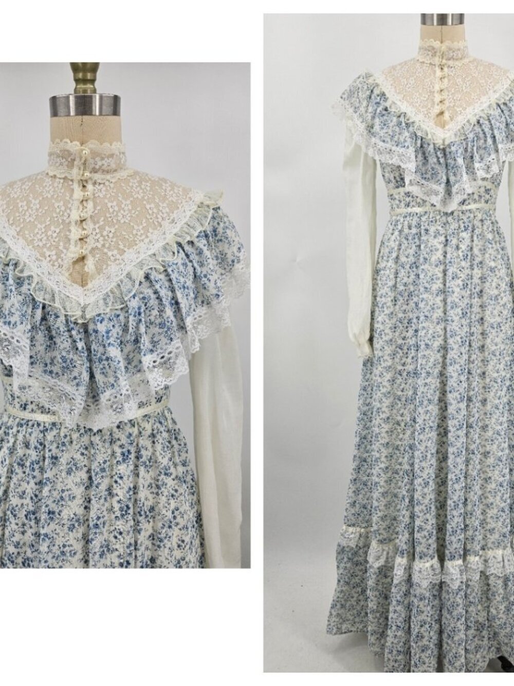 VTG Gunne Sax Prairie Maxi Dress Womens 5 Blue Floral Cottagecore Lace Gauze - Picture 3 of 8